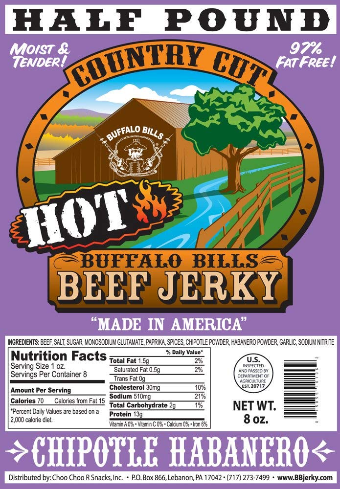 Buffalo Bills 8oz Chipotle Habanero Country Cut Beef Jerky Pack (moist & tender hot beef jerky) 8Oz