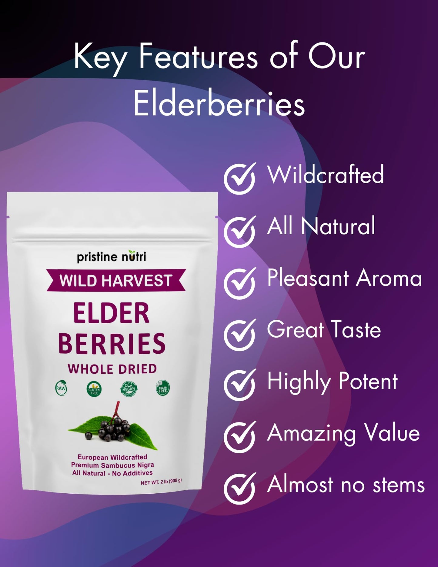 Pristine Nutri Dried Elderberries | Wildcrafted, Non-GMO | 2 lb (32 oz) Immunity Booster Antioxidants and Vitamins