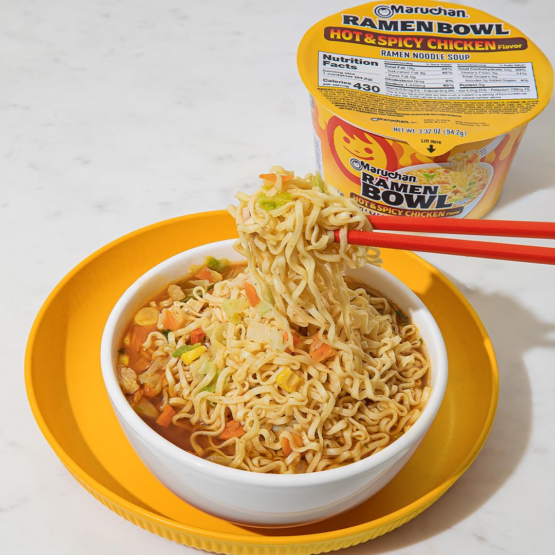 Maruchan Bowl Hot & Spicy Chicken, Microwaveable Ramen Soup Mix, 3.32 Oz, 6 Count
