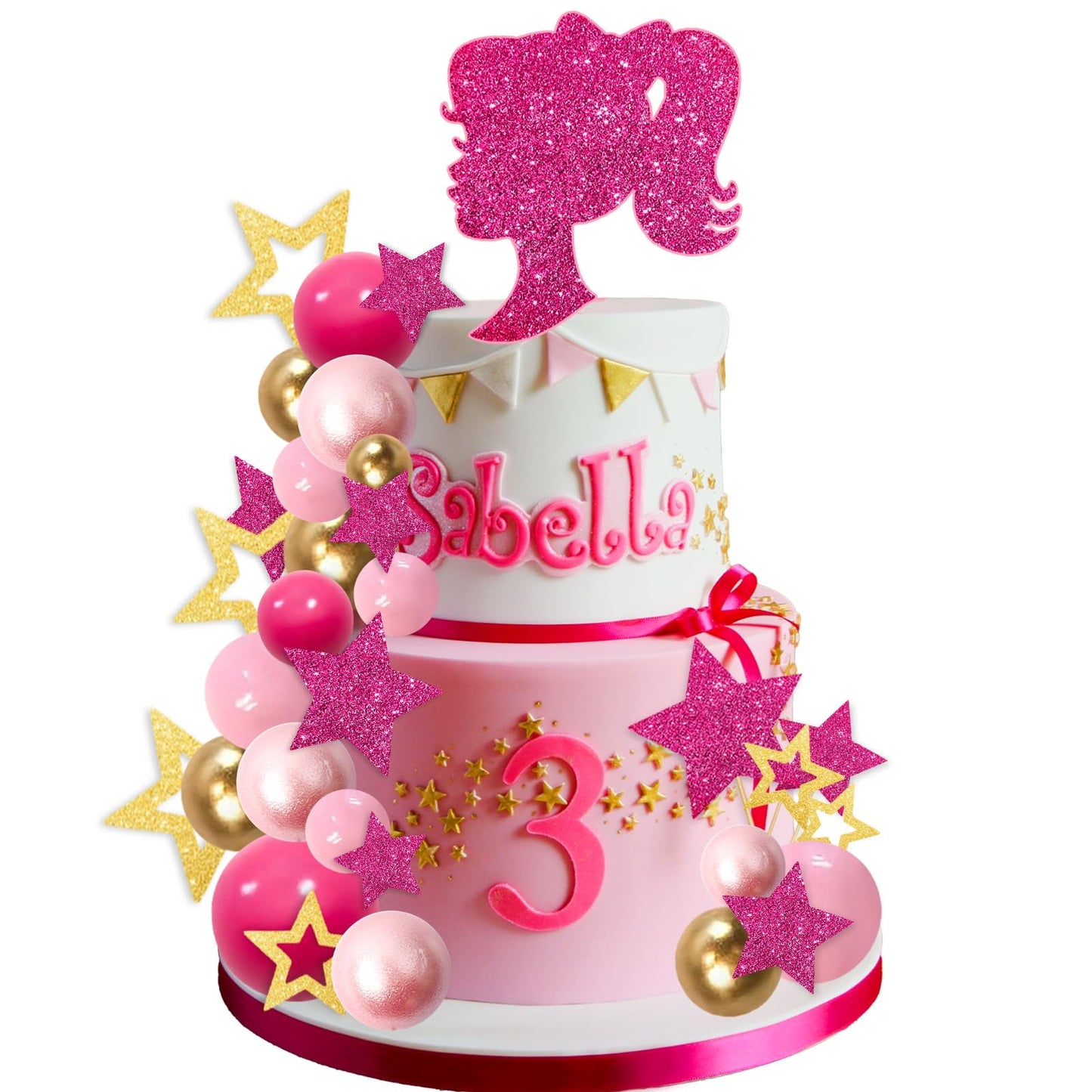 Memovan Hot Pink Girl Cake Toppers 36Pcs Ball Cake Decorations With Hot Pink Gold Balls Shiny Stars For Boho Girl Hot Pink Princ