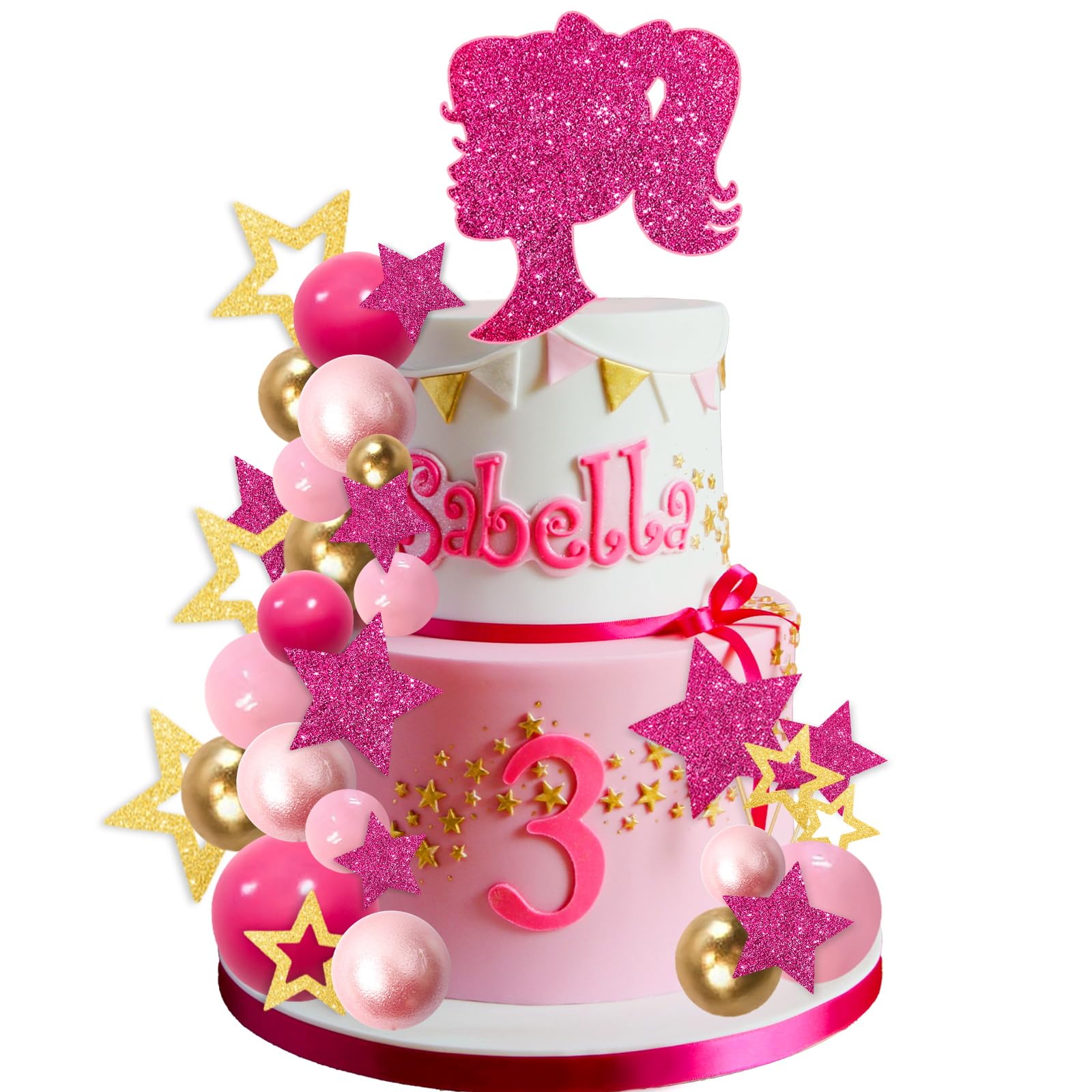 Memovan Hot Pink Girl Cake Toppers 36Pcs Ball Cake Decorations With Hot Pink Gold Balls Shiny Stars For Boho Girl Hot Pink Princ