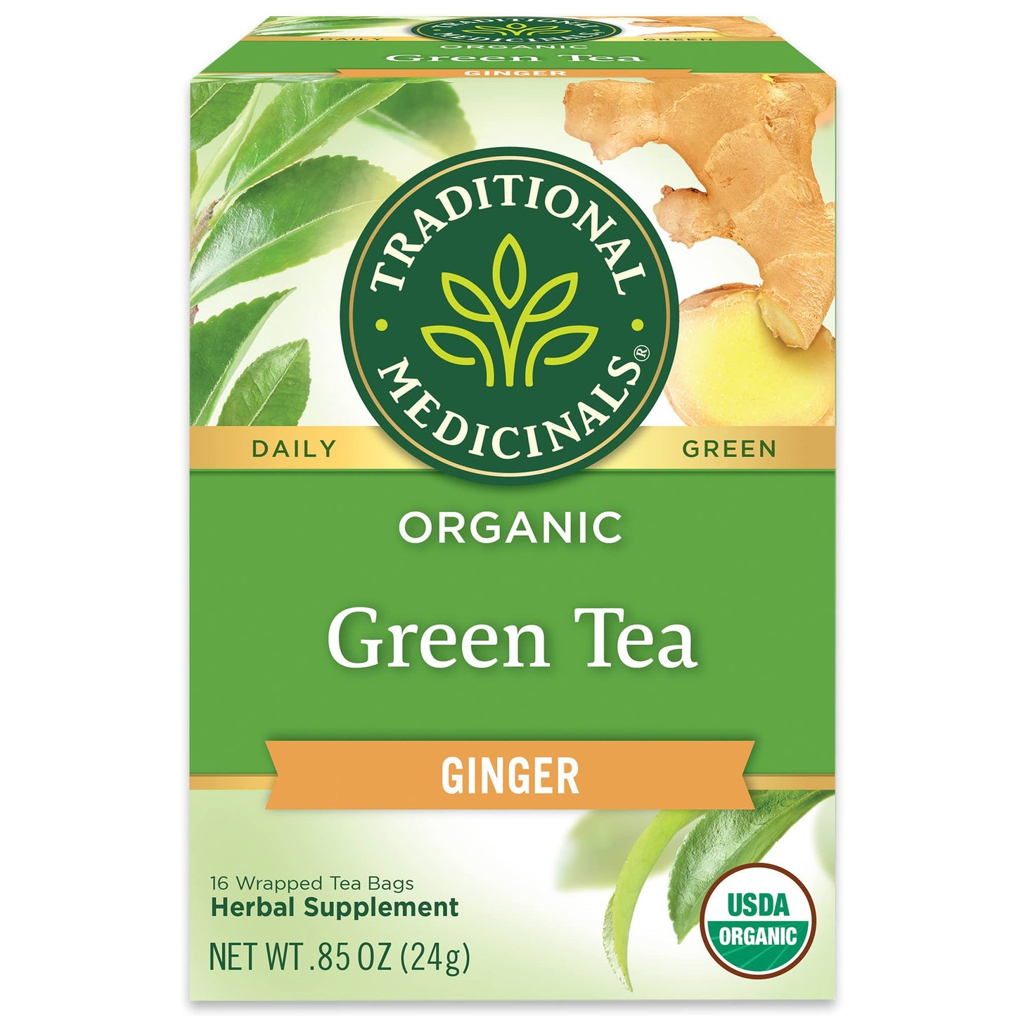 Traditional Medicinals Organic Green Tea Ginger Herbal Tea, Promotes Healthy Digestion, (Pack Of 1) - 16 Tea Bags