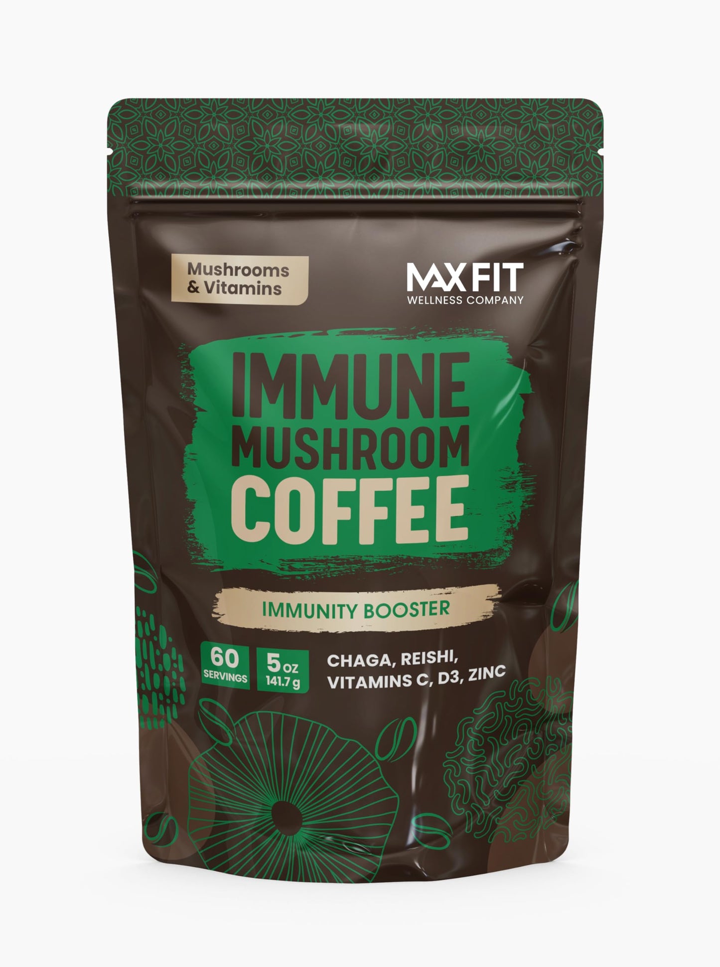 MAX FIT Immunity Mushroom Coffee - 60 Servings, 5 Ounce, Chaga & Reishi with Vitamins C, D3, Zinc, 100% Arabica Instant Coffee