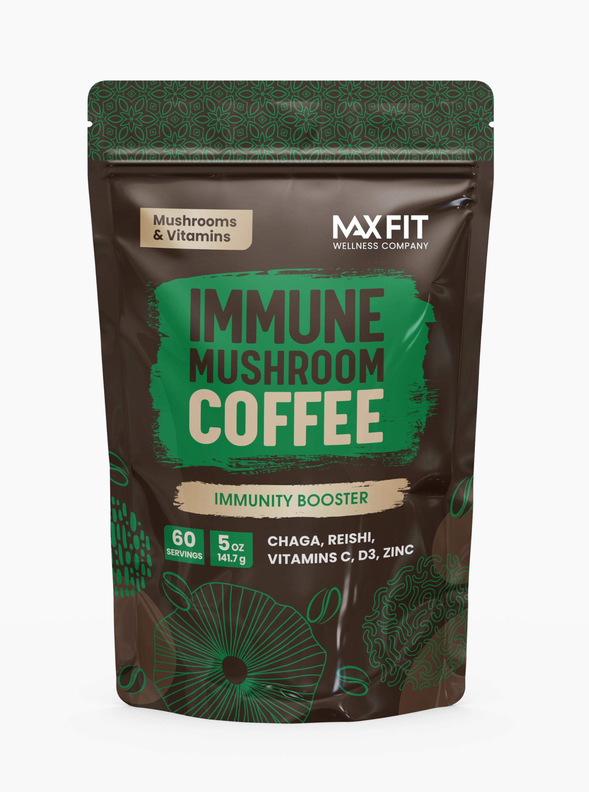 MAX FIT Immunity Mushroom Coffee - 60 Servings, 5 Ounce, Chaga & Reishi with Vitamins C, D3, Zinc, 100% Arabica Instant Coffee