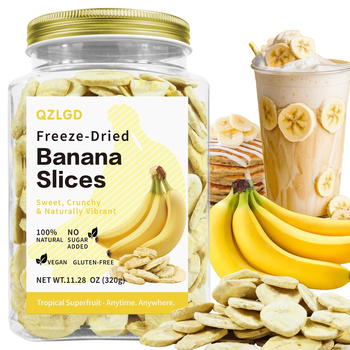 QZLGD Freeze Dried Bananas, Freeze Dried Fruit Banana Chips, 11.28oz/320g, 100% Natural, No Added Sugar, Crunchy Fruit Snack, fo