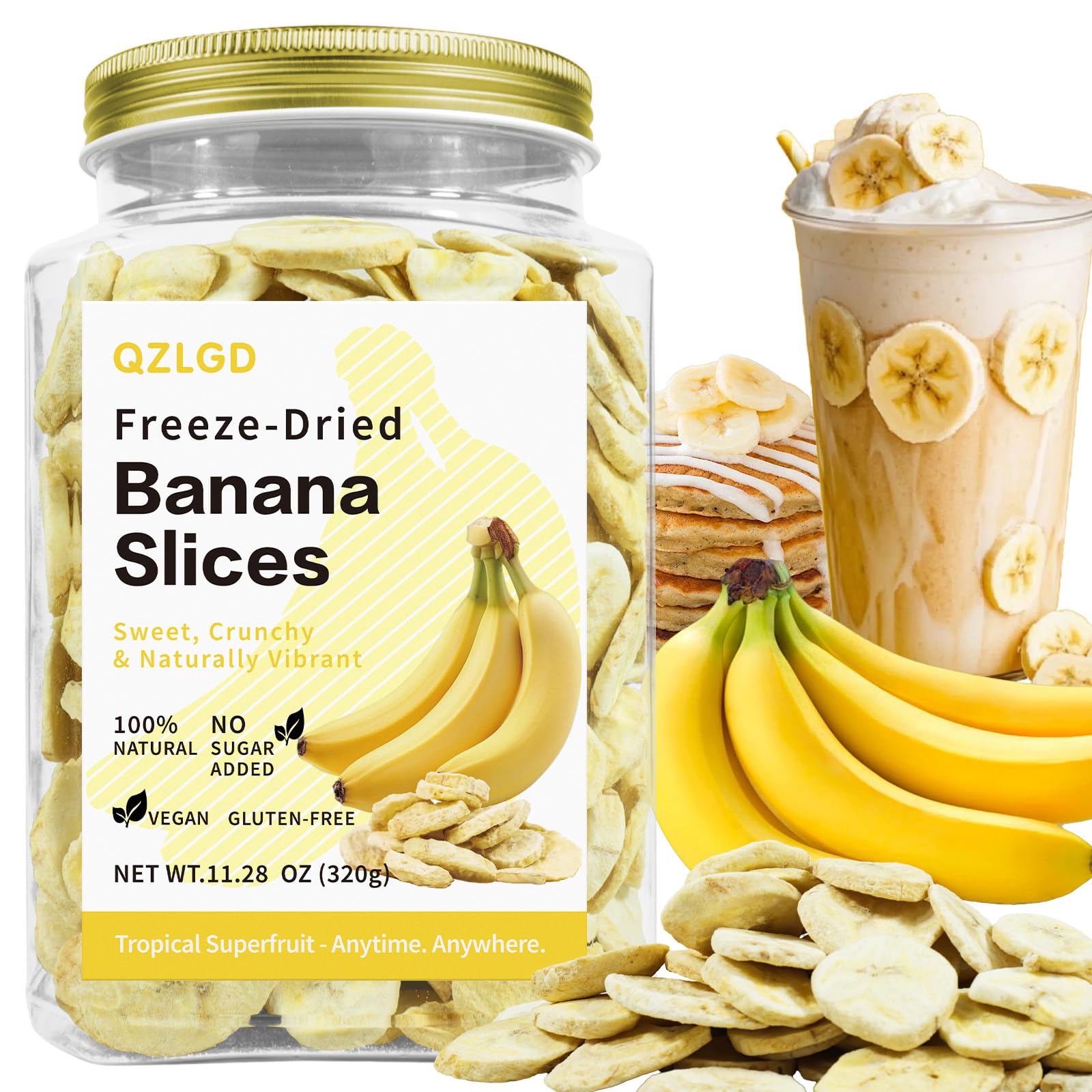 QZLGD Freeze Dried Bananas, Freeze Dried Fruit Banana Chips, 11.28oz/320g, 100% Natural, No Added Sugar, Crunchy Fruit Snack, fo