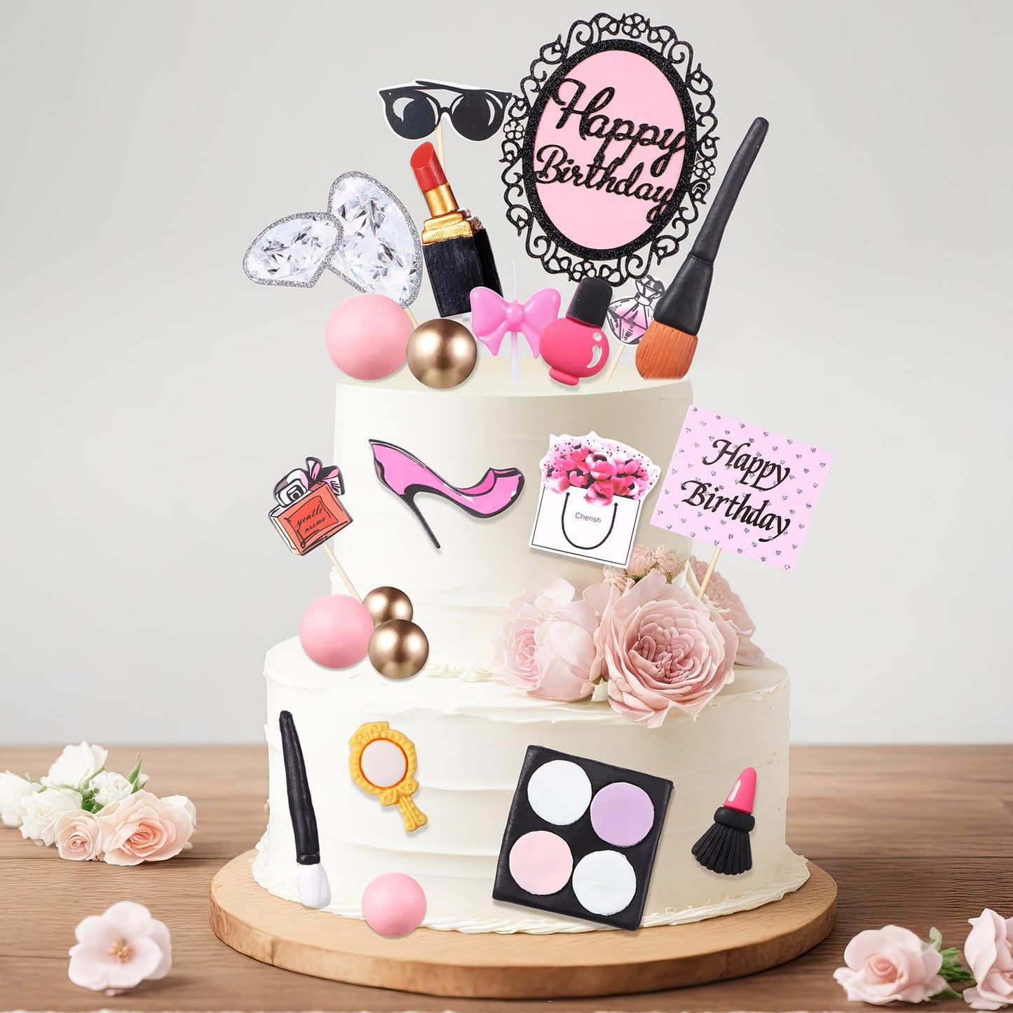 Beeveer 42 PCS Makeup Cake Topper Decorations Cosmetics Theme Bridal Cake Topper Party Lipstick Perfume Picks for Bridal Shower