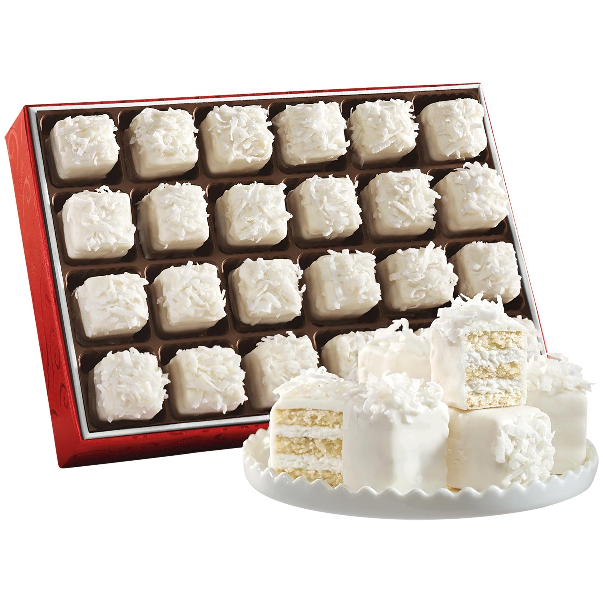 The Swiss Colony Coconut Petits Fours - Gourmet Mini Layer Cakes with Coconut Creme and Swiss Creme Icing  Holiday Cake Assortment Gift Pack of 24  Petits Fours Cakes for Dessert and Celebrating