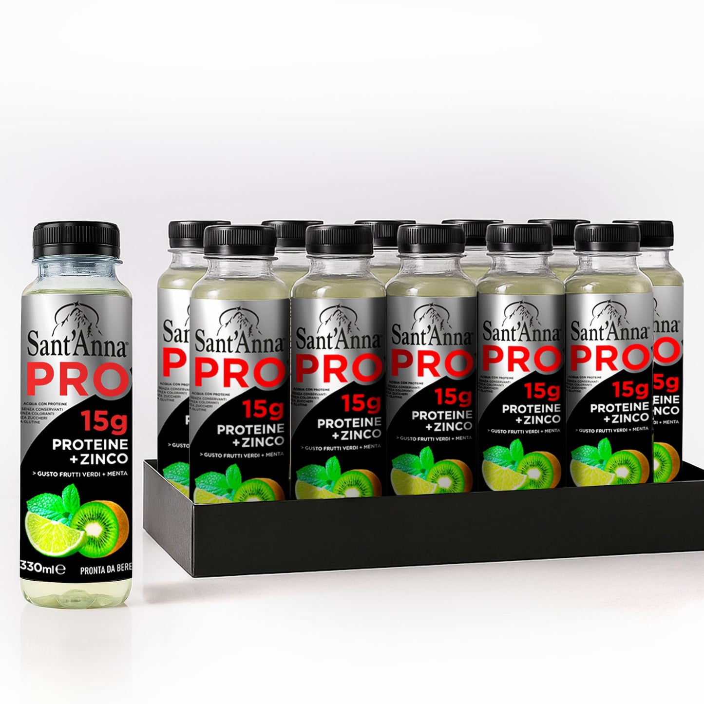 SantAnna PRO Functional Protein Drink - Green Fruits & Mint, 11.15 Fl Oz (12-Pack) | 15g Protein + Zinc | No Sugar | Clear Wate