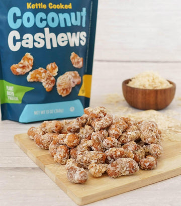 Platinum Kettle Cooked Coconut Cashews - Plant Based Protein, Fiber, Healthy Snack - Wholesome Nutritional Boost - Can Bring At Home, Work, Office, Gym & School - 13 Oz Individual & Resealable Pouch