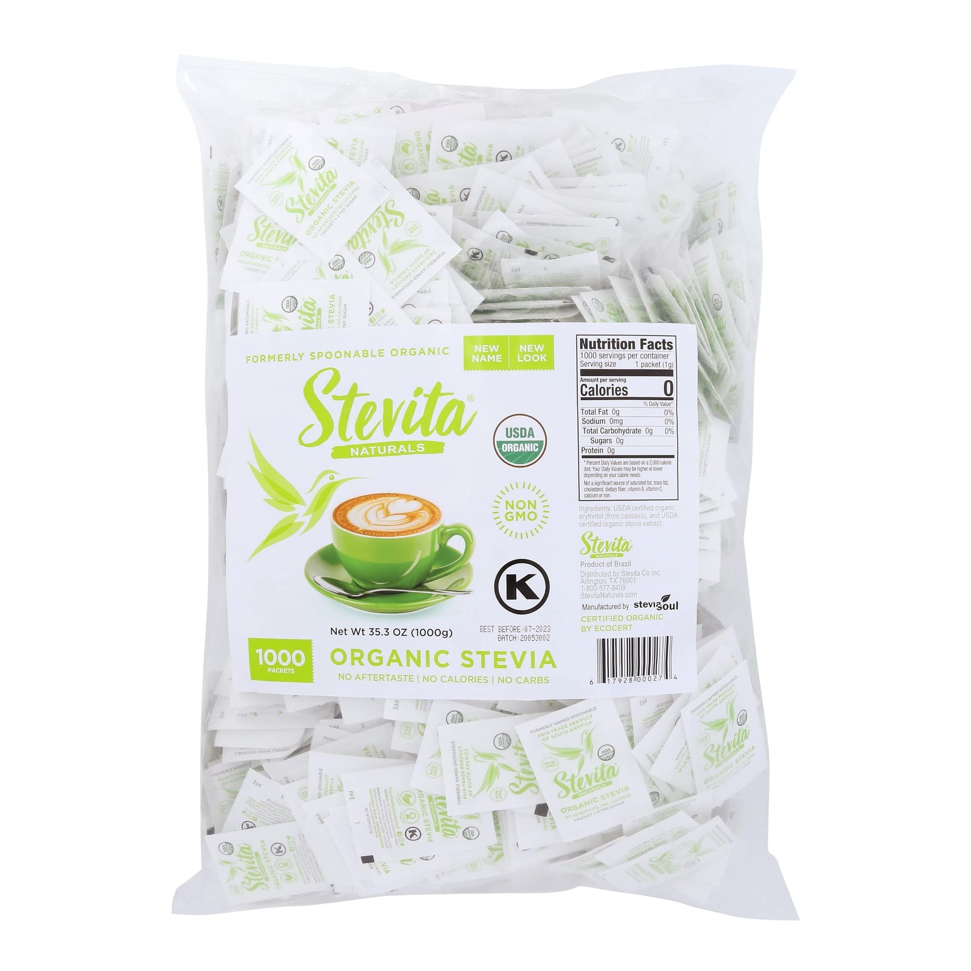 Stevita Organic Stevia - 1000 Packets - Stevia & Erythritol All-Natural Sweetener, No Calories - Usda Organic, Non-Gmo, Vegan, K