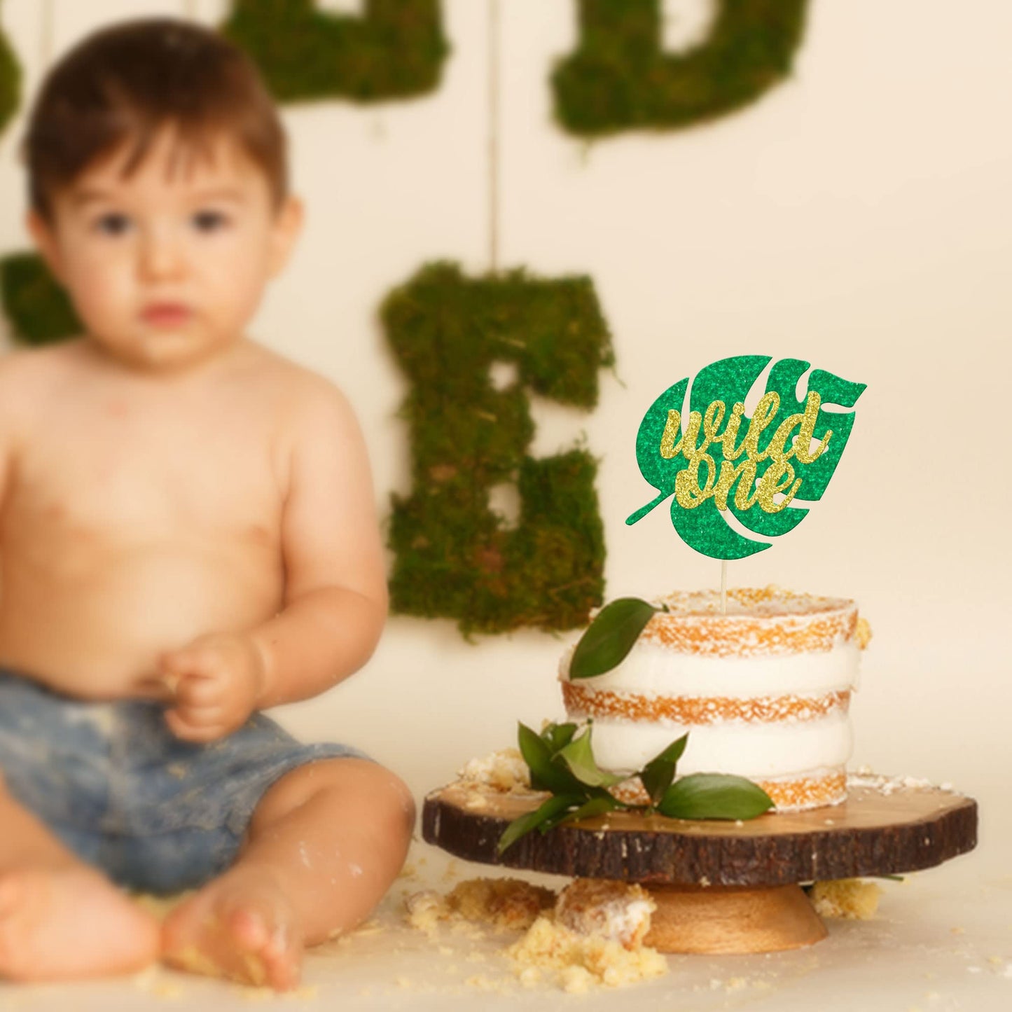 Gyufise 1Pc Glitter Wild One Cake Topper Jungle Safari Monstera Leaf One Cake Decoration For Kids First Birthday Baby Shower Par