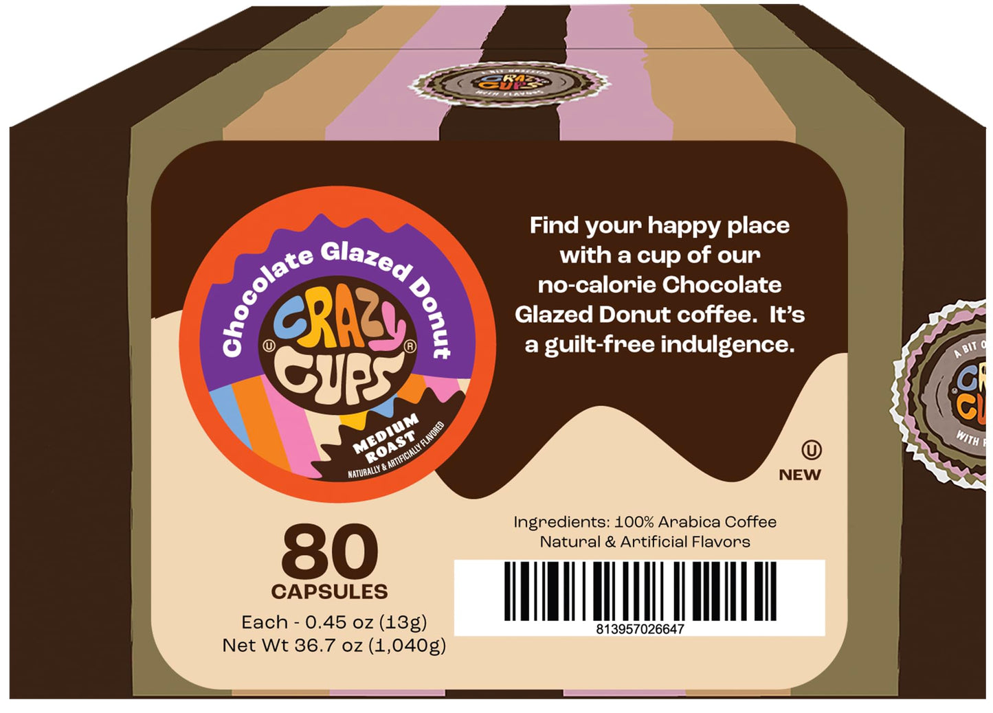 Crazy Cups Flavored Coffee Pods - Chocolate Glazed Donut, Medium Roast, 80 Count (Pack of 1) for Keurig K-Cup Machines - Hot or