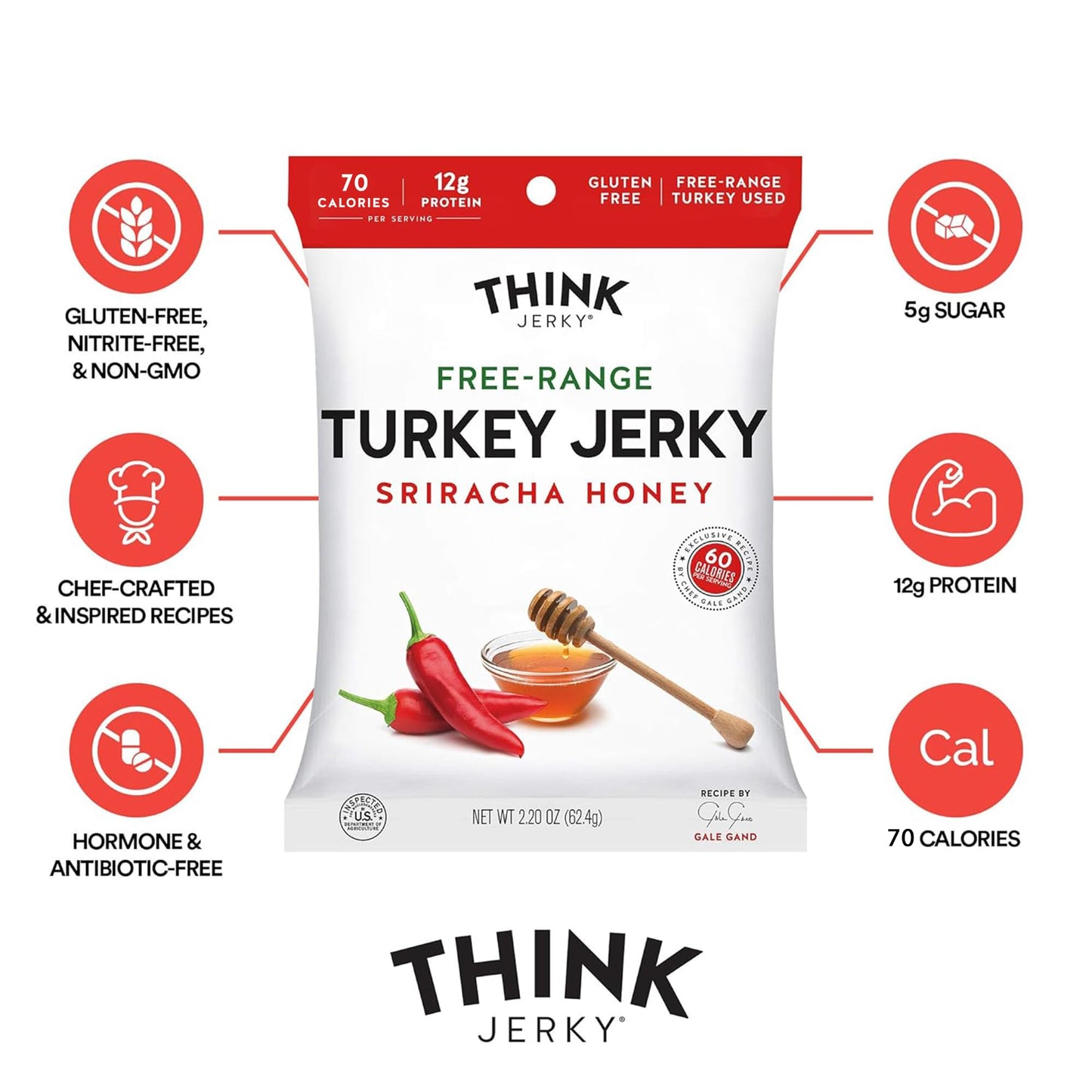 Think Jerky Sriracha Honey Turkey Jerky, High Protein, Gluten Free - 2.2 oz Bags, 8 Pack