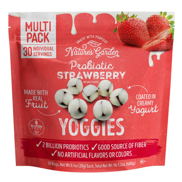 Nature s Garden Probiotic Strawberry Yoggies, 21oz (30 x 0.7oz), Yoggie Bites Strawberry Yogurt Covered Snack Pack, High Fiber,