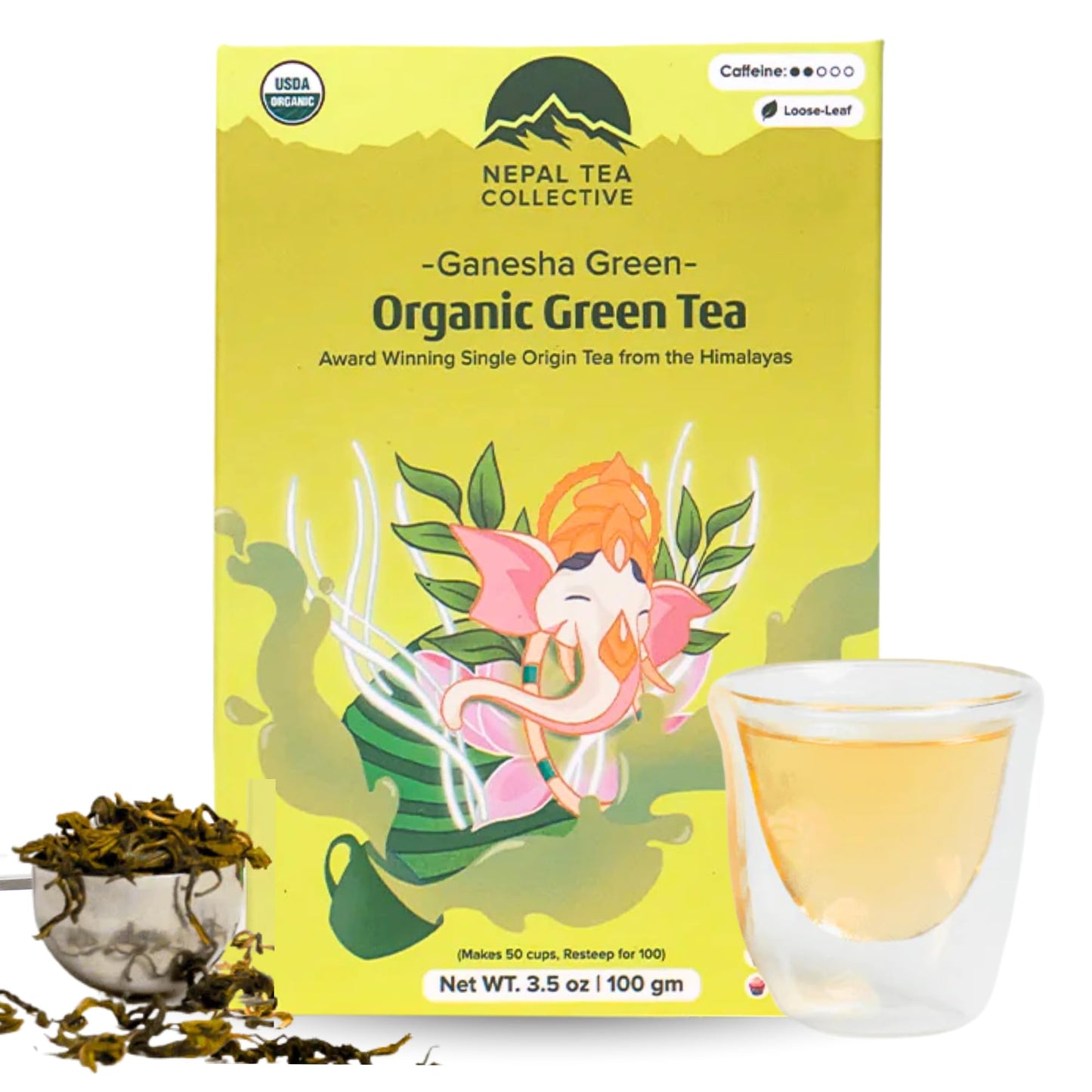 Nepal Tea Organic Green Tea Loose Leaf - From A Family Farm In The Himalayas - Award-Winning Top-Grade Green Tea Leaves Loose Leaf - 3.5Oz /100G (Ganesha Green)
