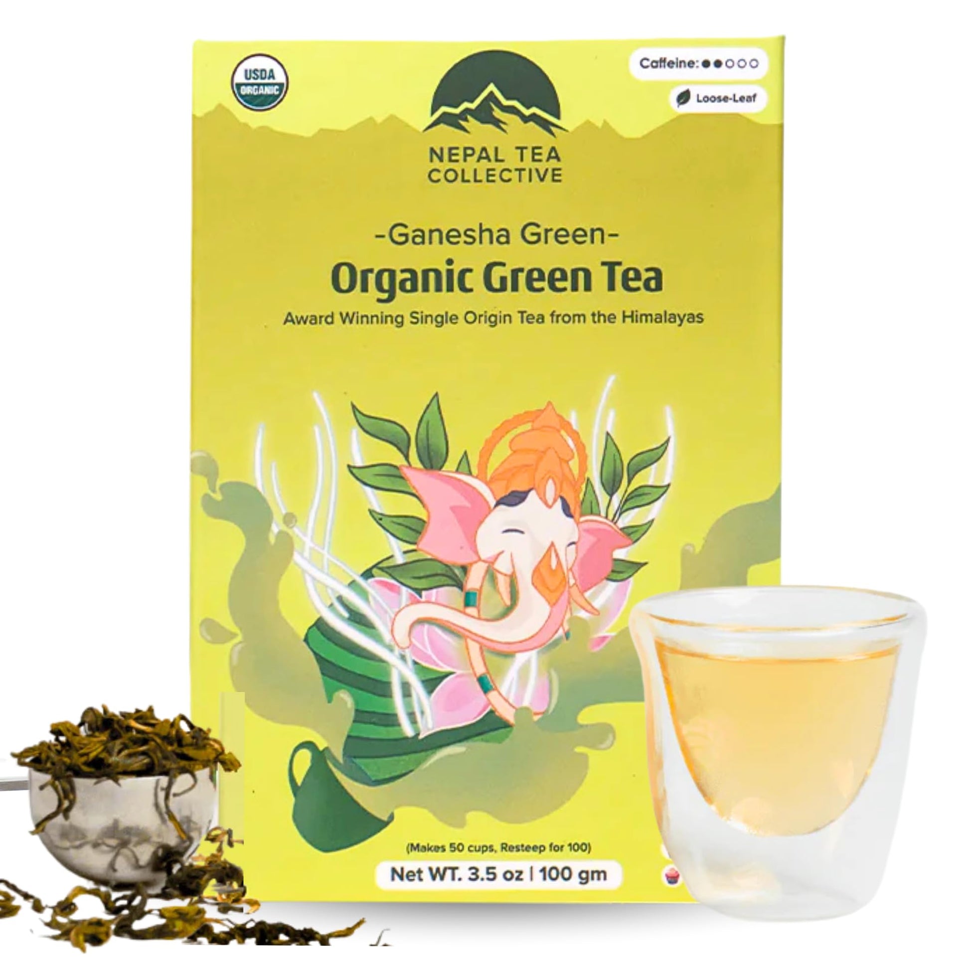 Nepal Tea Organic Green Tea Loose Leaf - From A Family Farm In The Himalayas - Award-Winning Top-Grade Green Tea Leaves Loose Leaf - 3.5Oz /100G (Ganesha Green)