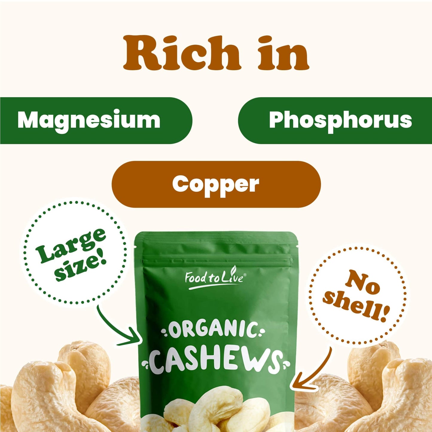 Food to Live Organic Cashews, 8 Pounds - Whole, Size W-240, Unsalted, Non-GMO, Kosher, Raw, Vegan, Bulk