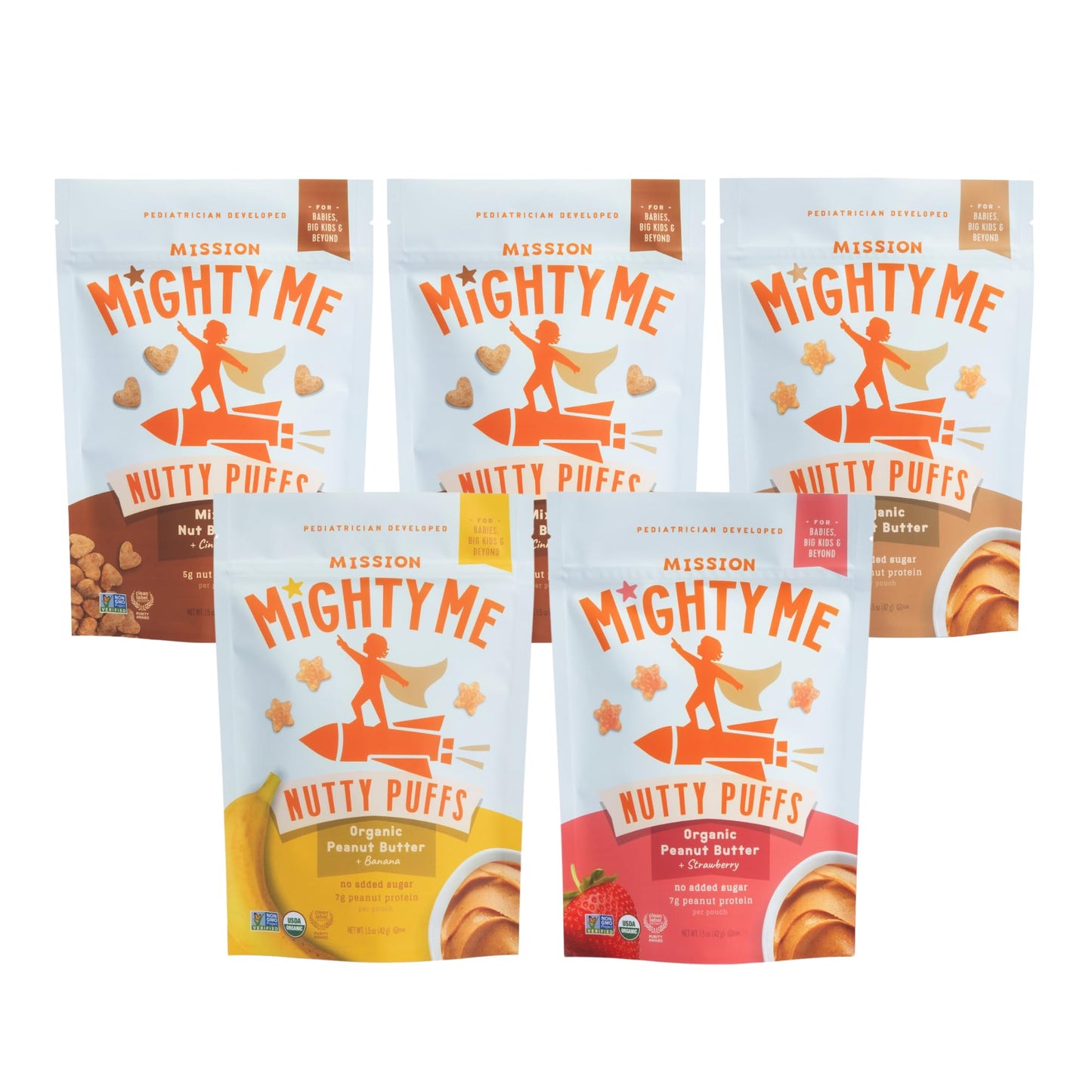 Mission Mighty Me Nutty Puffs All-Flavor Variety Pack - Organic Peanut Butter and Mixed Nut Butter Puffs for Babies + Kids - Ped