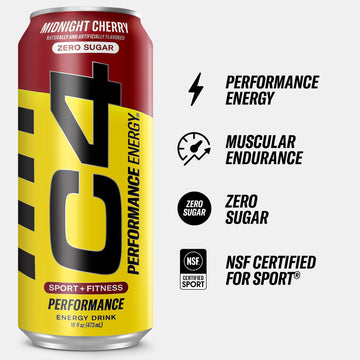 Cellucor C4 Energy Drink, Carbonated Zero Sugar, Pre Workout, Beta Alanine, Midnight Cherry, 16 Fl Oz, Pack of 12