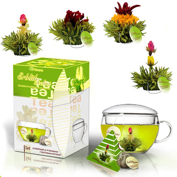 Creano Bloomning Tea Gift Set, 7oz Tea-Glass, 8 Tea-Flowers, Green Tea, Perfect Gift for Women and Tea Lovers