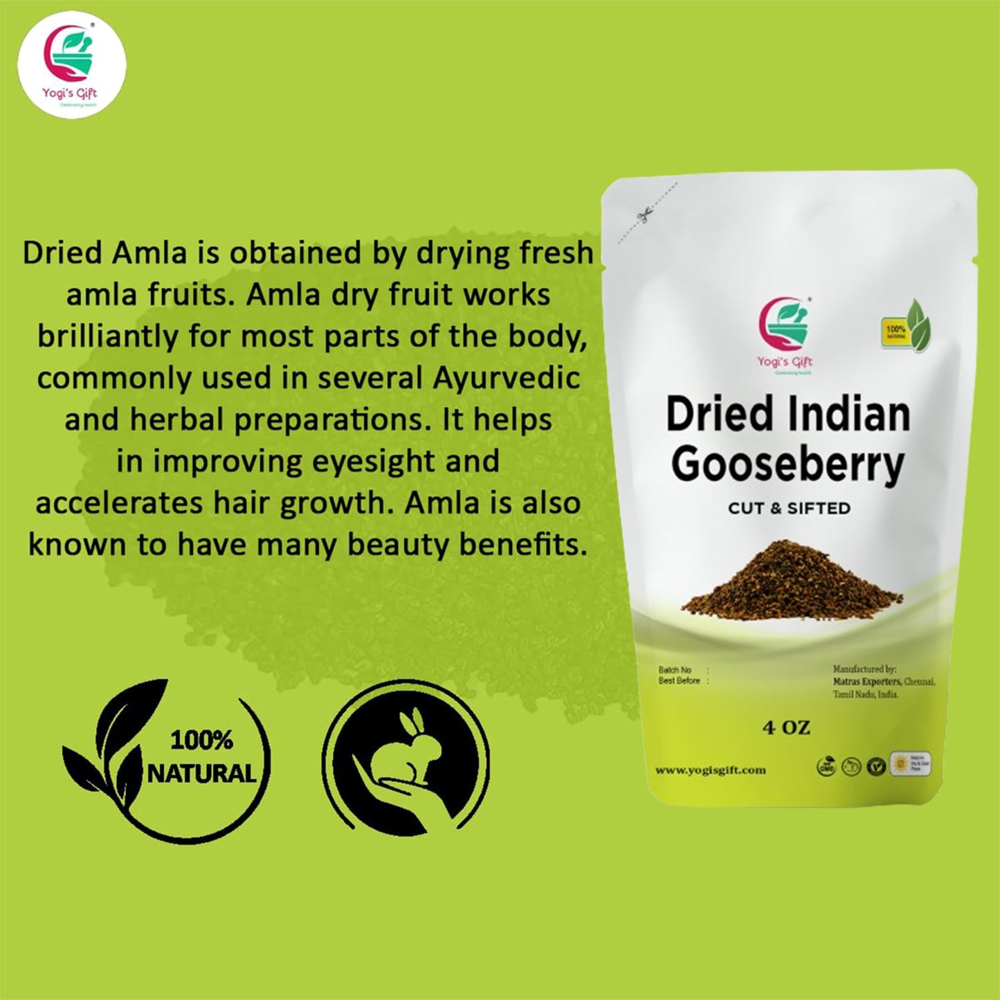 Dried Amla/Gooseberry Cut & Sifted 4 oz | Rich in Vitamin C, Fibre | Phyllanthus emblica | by Yogis Gift