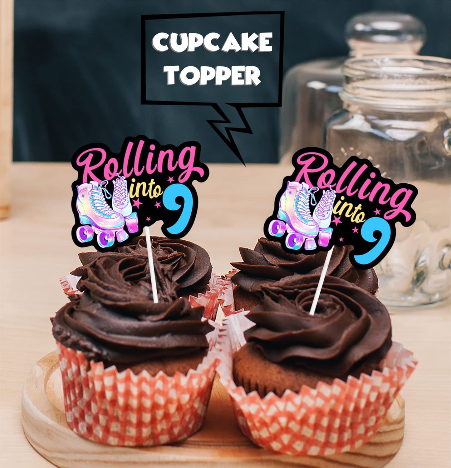 18Pcs Black Glitter Pink Roller Skates Dessert Cupcake Topper 80S 90S Retro Hip Hop Roller Skating Rolling Into 9 Theme Decor Su
