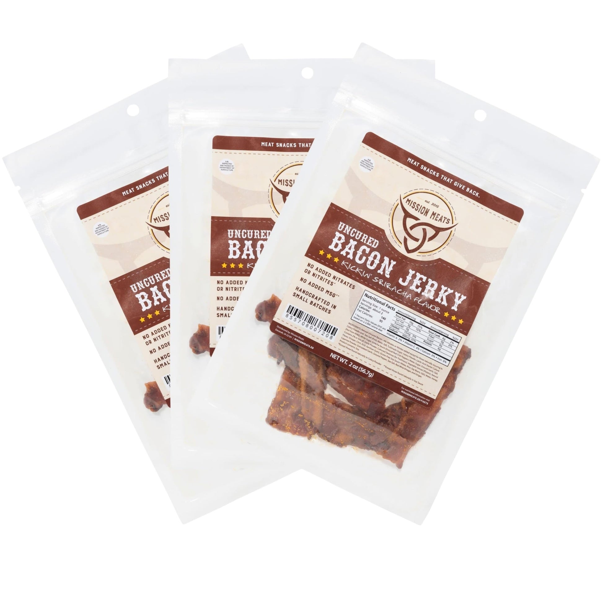 Mission Meats Candied Sriracha Bacon Jerky, Small Batch Snack, 2oz Bags, Pack of 3