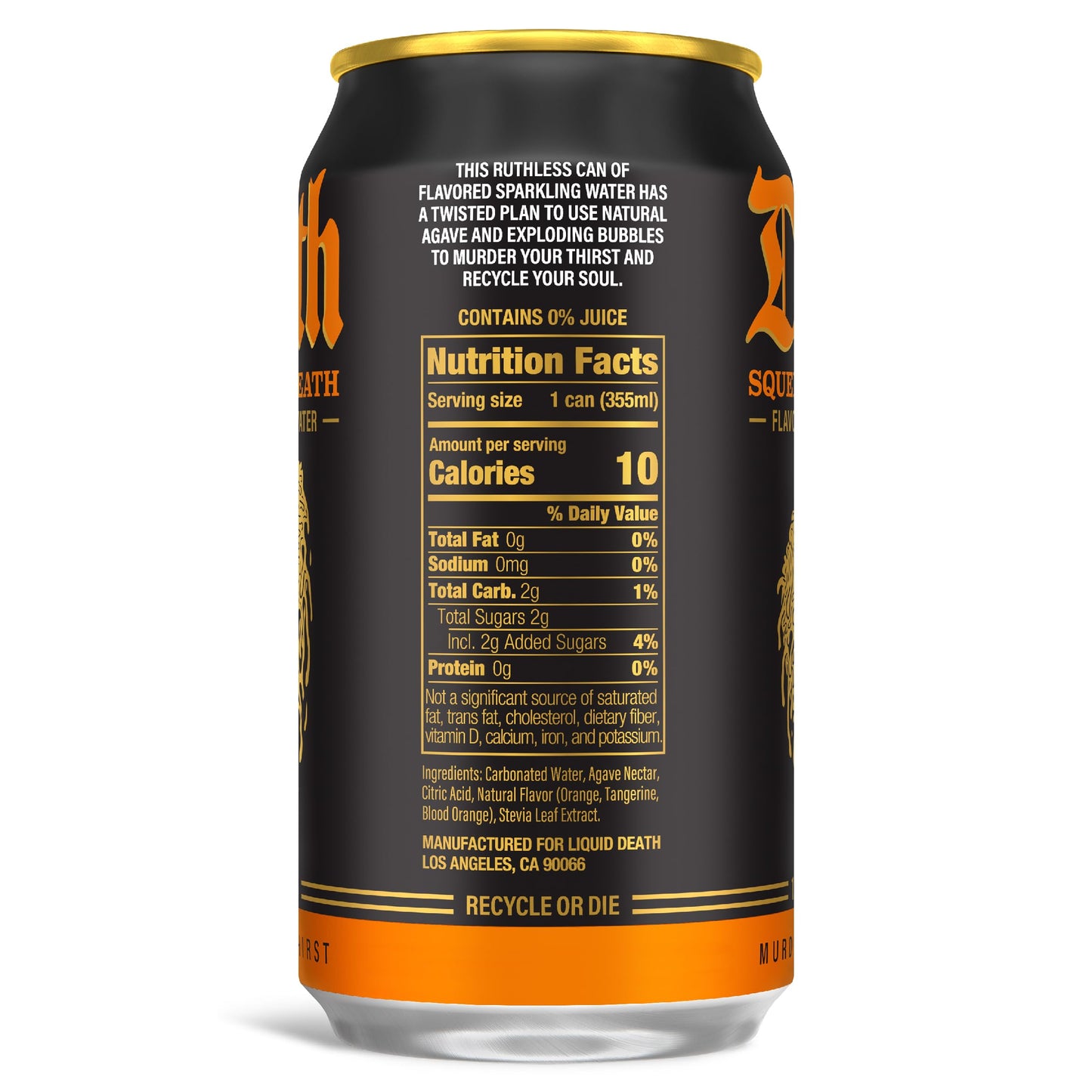 Liquid Death Orange-Flavored Sparkling Water, 12oz Cans, Low Sugar, 12-Pack