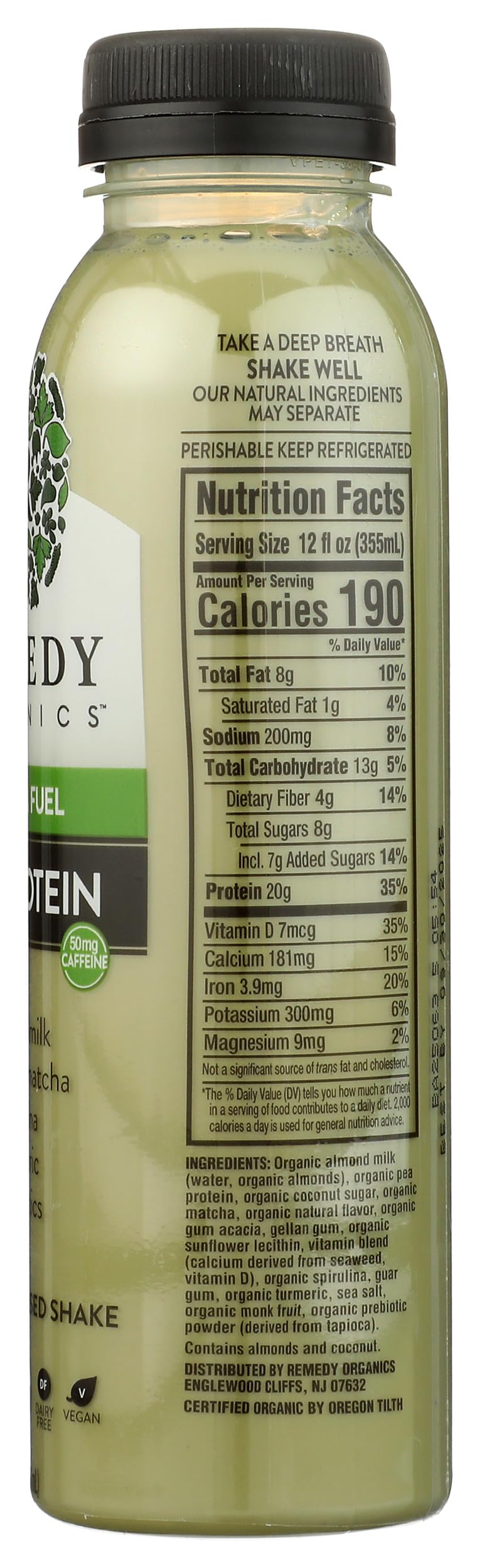 Remedy Organics Protein | Matcha Fuel 12 FL Oz | Plant Based Protein Shakes, Ready To Drink | Organic, Gluten Free, Dairy Free,