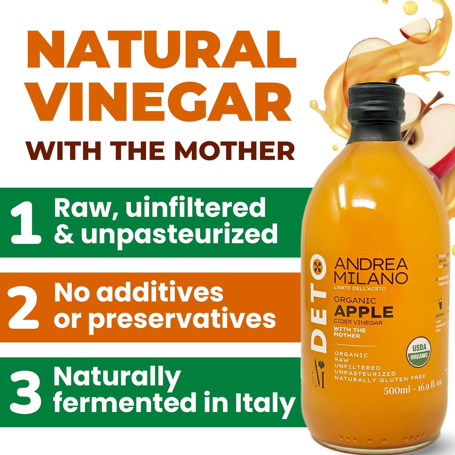 Andrea Milano Organic Apple Cider Vinegar, Raw, Unfiltered, Non-GMO, Vegan, 16.9 Fl Oz (Pack of 3)