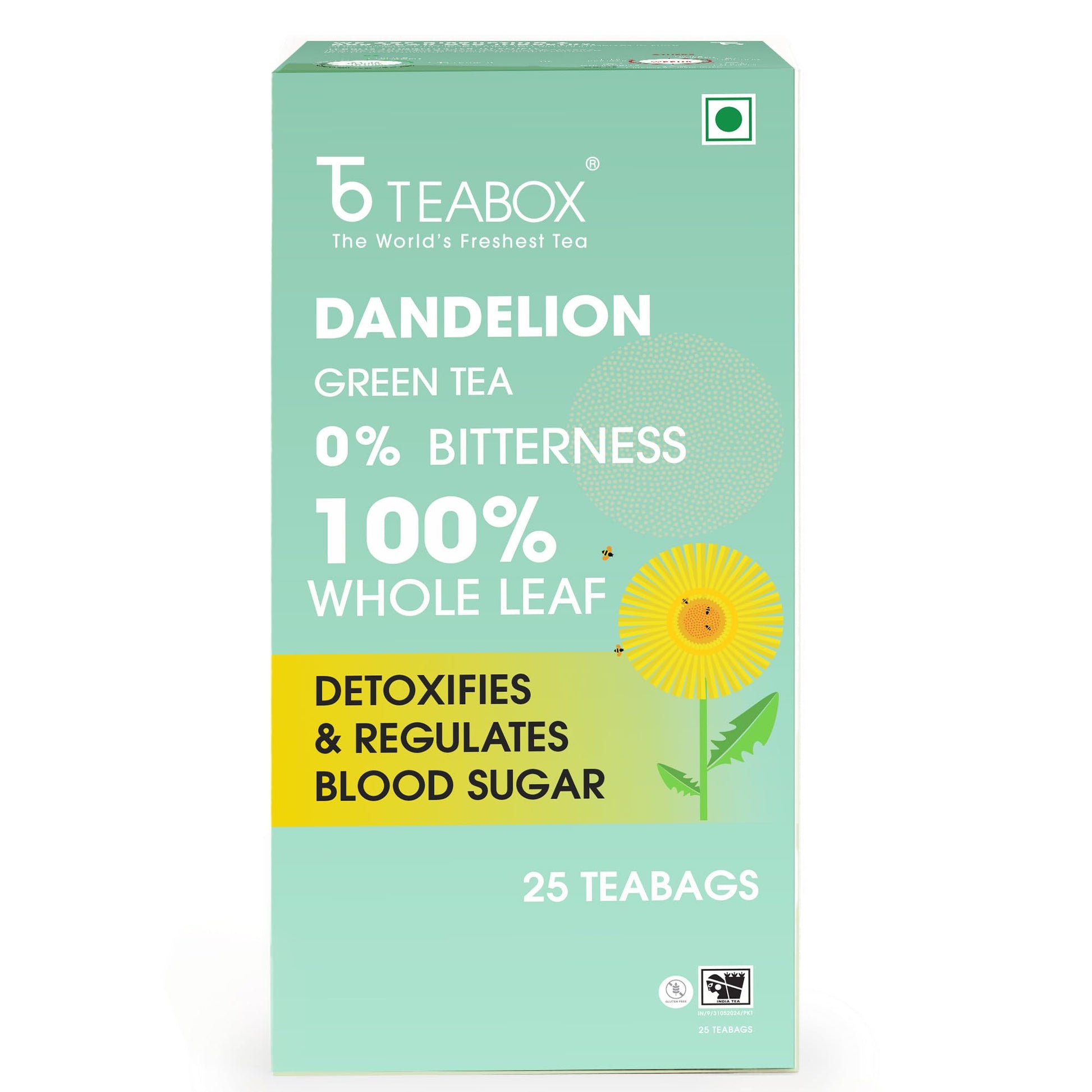 Teabox enhanced Darjeeling Green Tea With Dandelion Roots | 100% Whole Leaf & 0% Bitterness | Green Tea From The Himalayas | 25 Tea Bags (Low Caffeine)