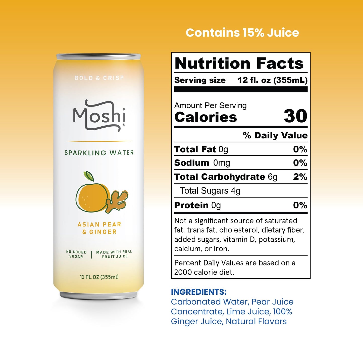 Moshi Sparkling Water - Asian Pear & Ginger - Carbonated Drink with Real Fruit Juice - Low Calorie - 12 Pack