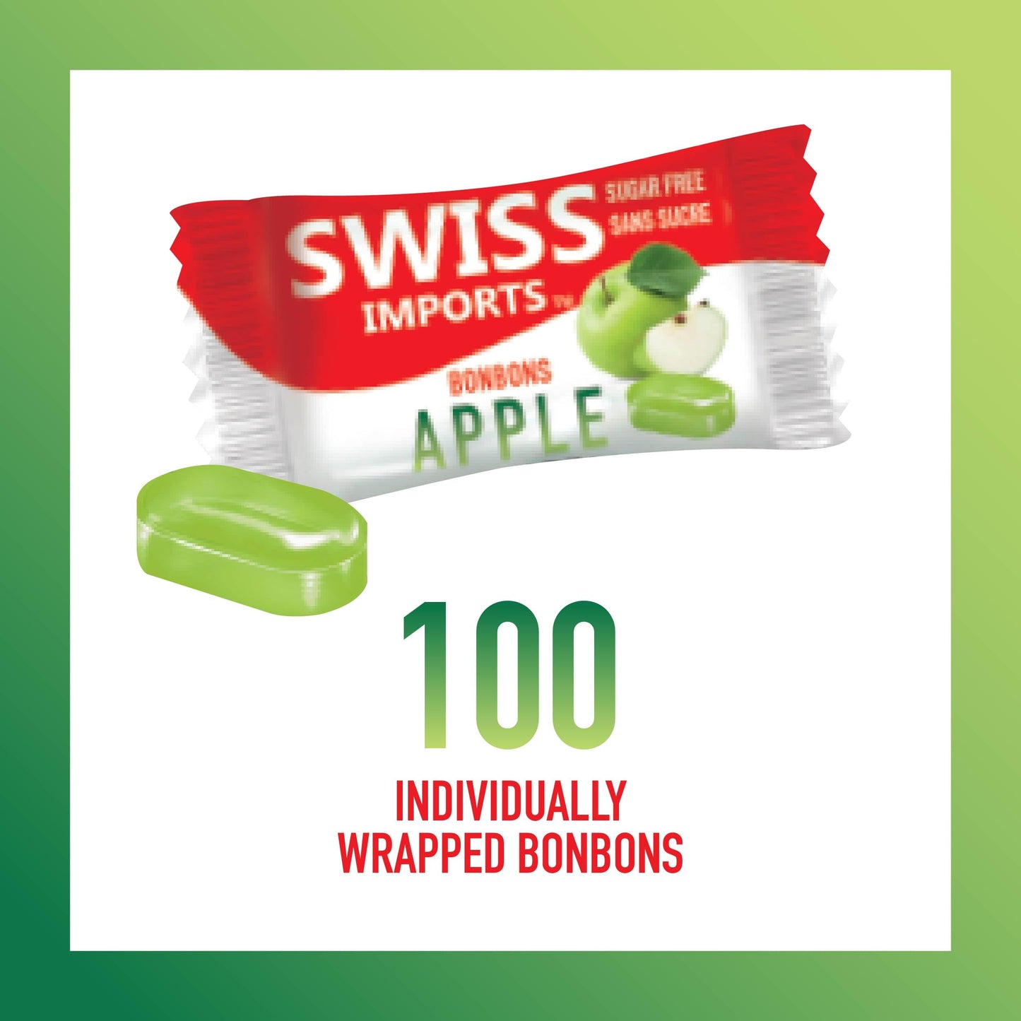 Swiss Imports Sugar Free Bonbons Hard Candy Drops, Apple, 100 Individually Wrapped Pieces, 250G/8.8Oz