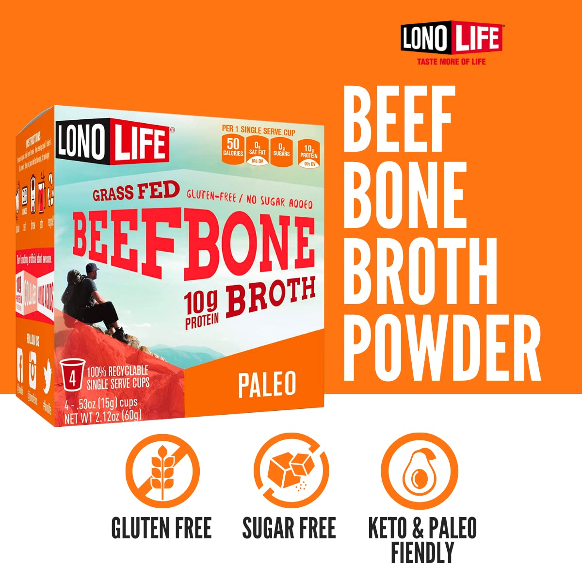 Lonolife - Beef Bone Broth Single Serve Cups - 10G Collagen Protein - Grass-Fed, Gluten-Free - Keto  Paleo Friendly - 10 Count