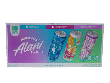 Alani Energy Drink, 18 Count Variety Pack, 3 Flavors, 6 Cans Per Flavor, 12 FL Oz Per Can, Flavors Include: Blue Slush, Sherbet 