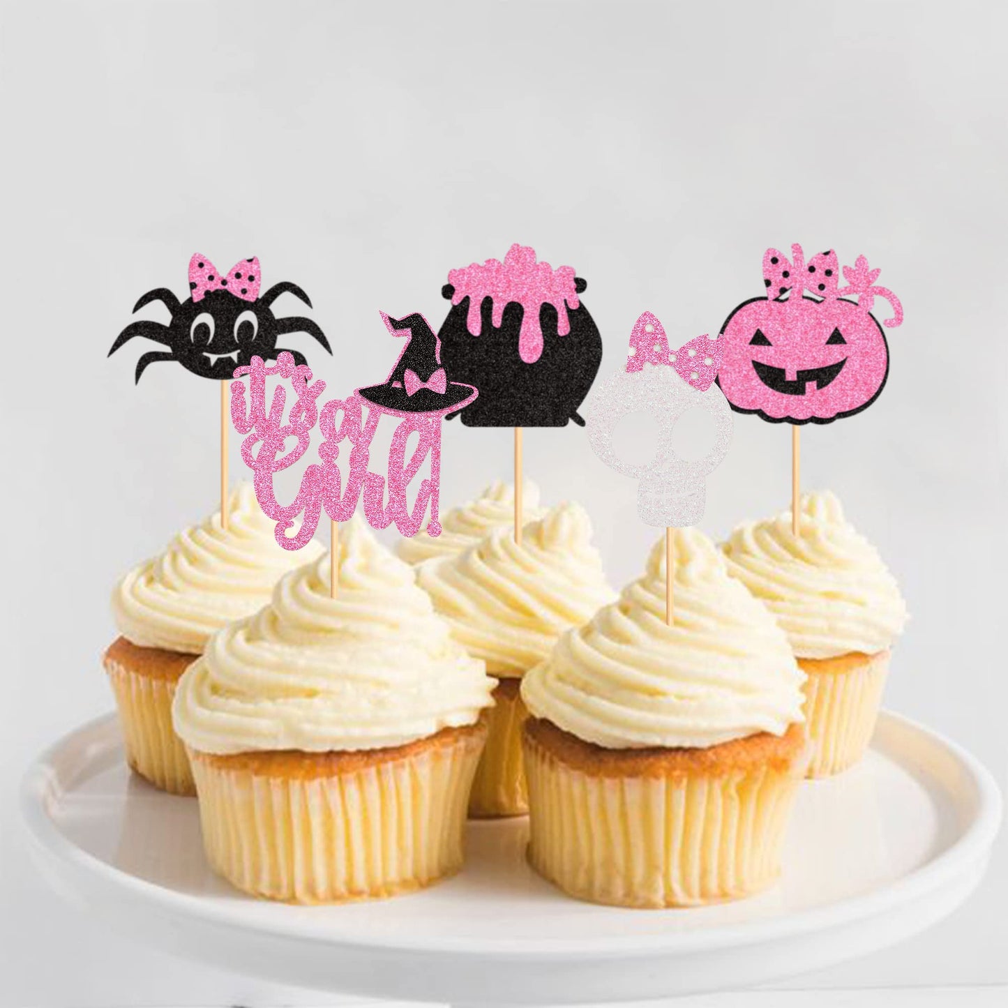 Ercadio 30 Pack Halloween Its A Girl Cupcake Toppers Glitter Pink Halloween Pumpkin Cupcake Toppers Spider Skull Cupcake Picks F