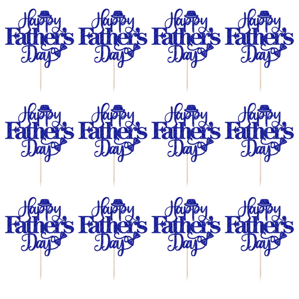Keoysek 12Pcs Happy Father'S Day Cake Toppers Glitter Cupcake Topper Blue Cake Decoration For Father'S Day Party Supplies Dad Ca