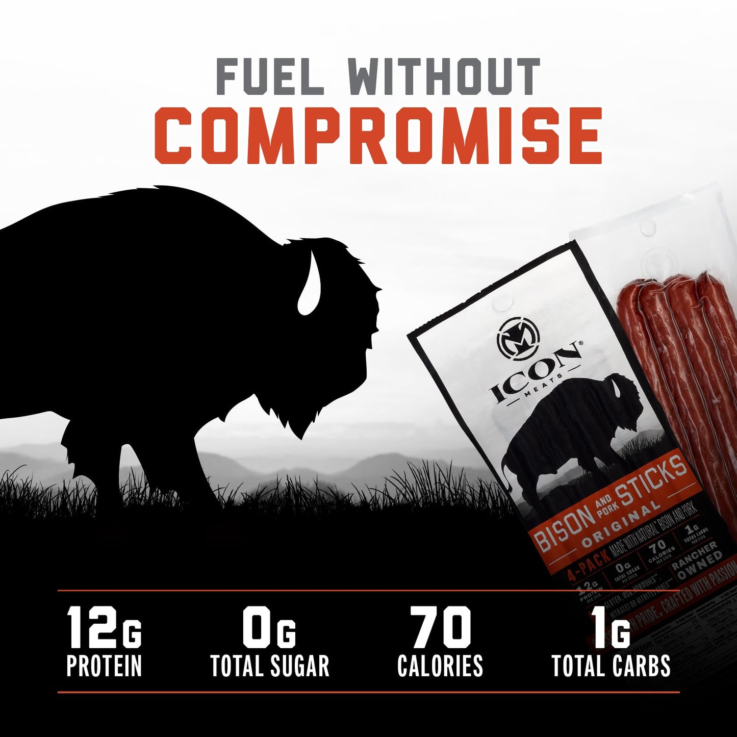 ICON Bison and Pork Snack Sticks - Original Flavor, All Natural, 6 Packs, 4 Sticks per Pack, High Protein, Low Calorie, Sugar Free