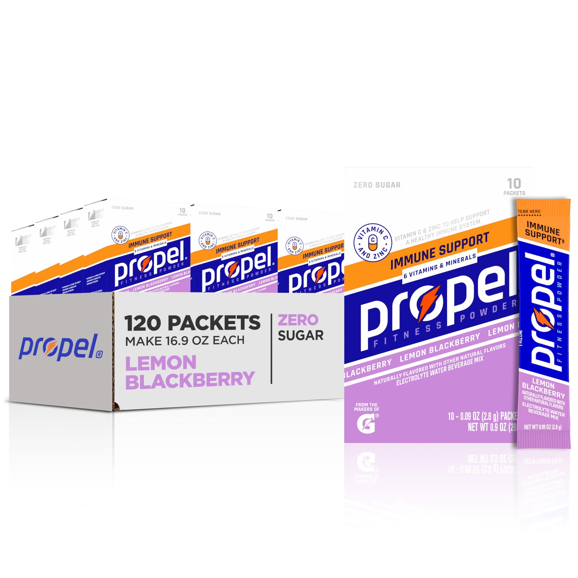 Propel Immune Support Electrolyte Enhanced Water Drink Mix Powder Packets, Lemon Blackberry, 100% DV Vitamin C, Good source of Z