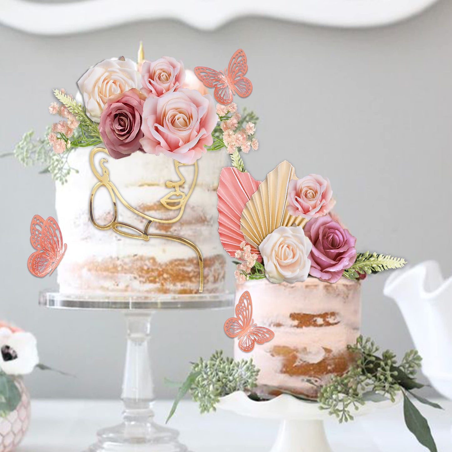 26Pcs Flower Boho Cake Toppers Butterfly Cake D  Cor Acrylic Minimalist Art Lady Face Cake Toppers With Palm Leaves Artificial V