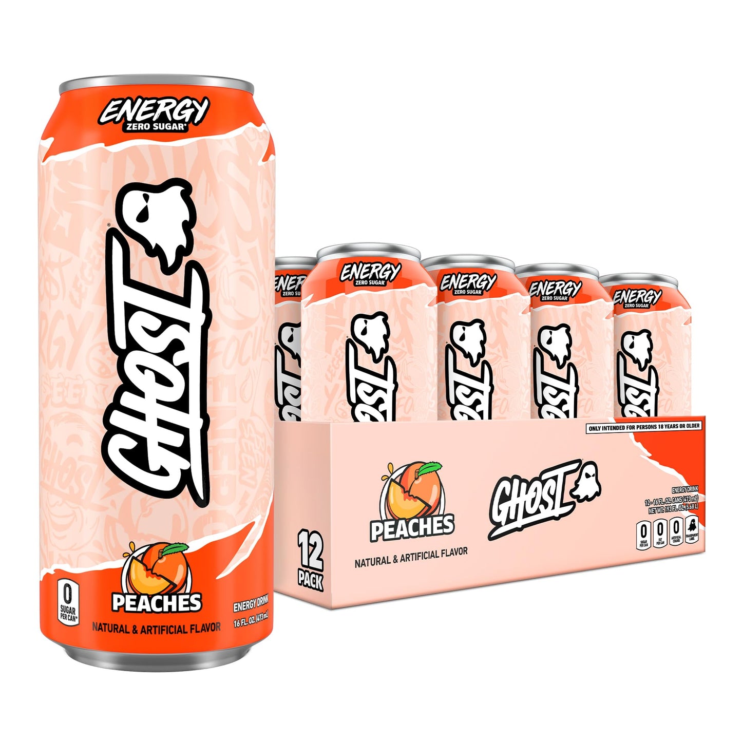 GHOST Energy Drink - 12-Pack, Peaches Flavor, 16oz, Gluten-Free, Vegan, 200mg Caffeine