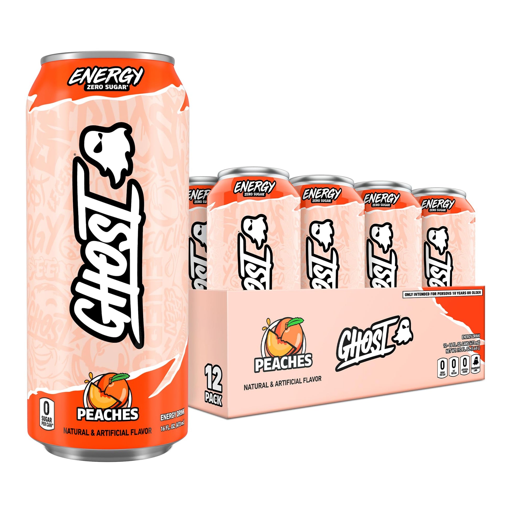 GHOST Energy Drink - 12-Pack, Peaches Flavor, 16oz, Gluten-Free, Vegan, 200mg Caffeine