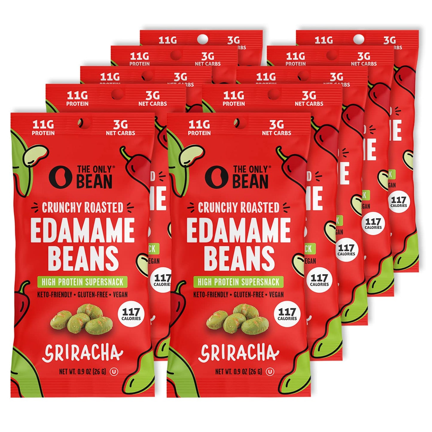 The Only Bean Crunchy Roasted Edamame Snacks Pack (Sriracha), Protein Keto Food, Gluten Free, Asian Japanese Snacks, Hot Spicy S
