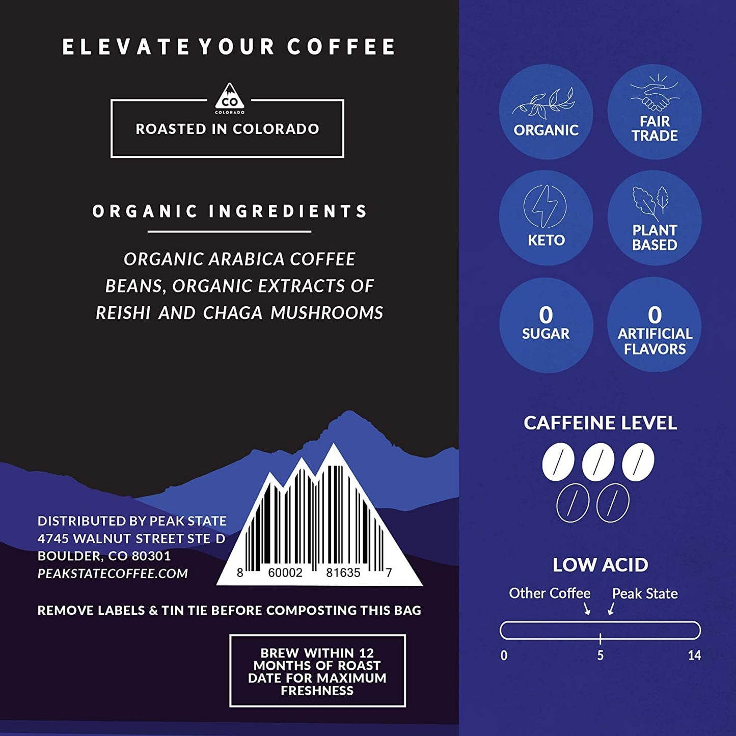 Peak State Coffee With Benefits - Mushroom Coffee Organic Coffee Beans - Stress Less Dark Roast Adaptogen Coffee With Reishi & C