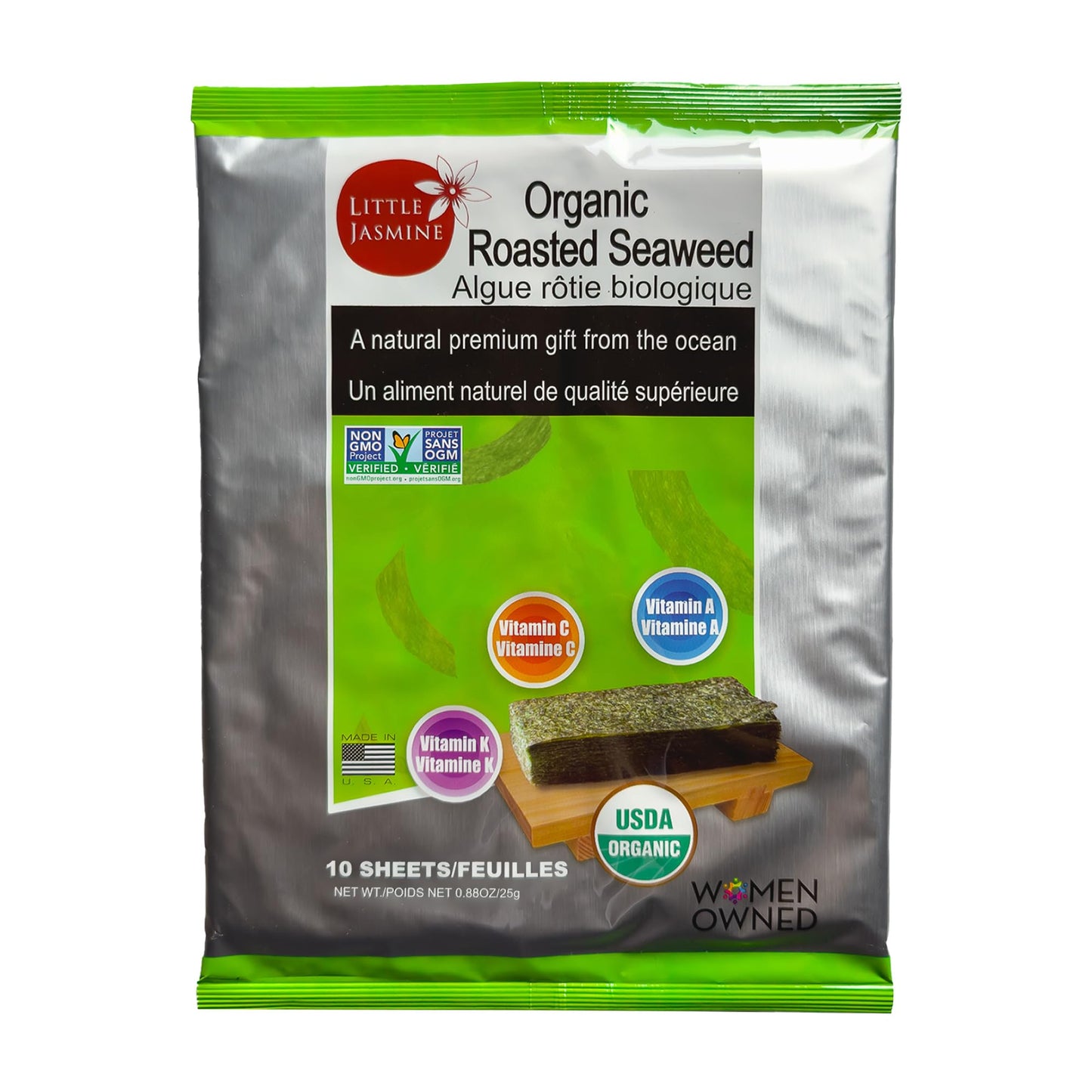 Little Jasmine USDA Organic, Non-GMO Roasted Nori Seaweed-10 Full Sheets, Made in USA