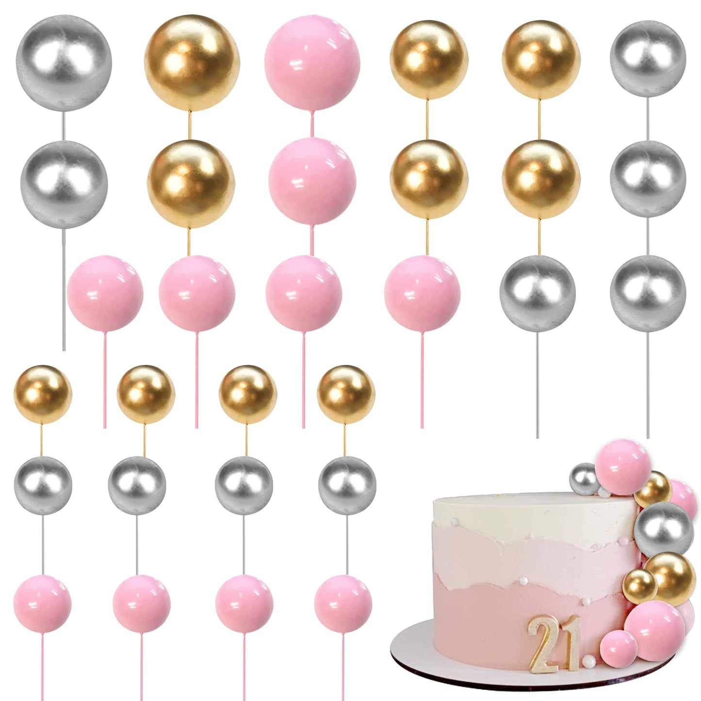 Rsstarxi Foam Ball Cake Topper Picks, 30 PCS Mini Balloon Decoration for Baby Shower, Wedding, Kids Birthday - Gold Silver Pink