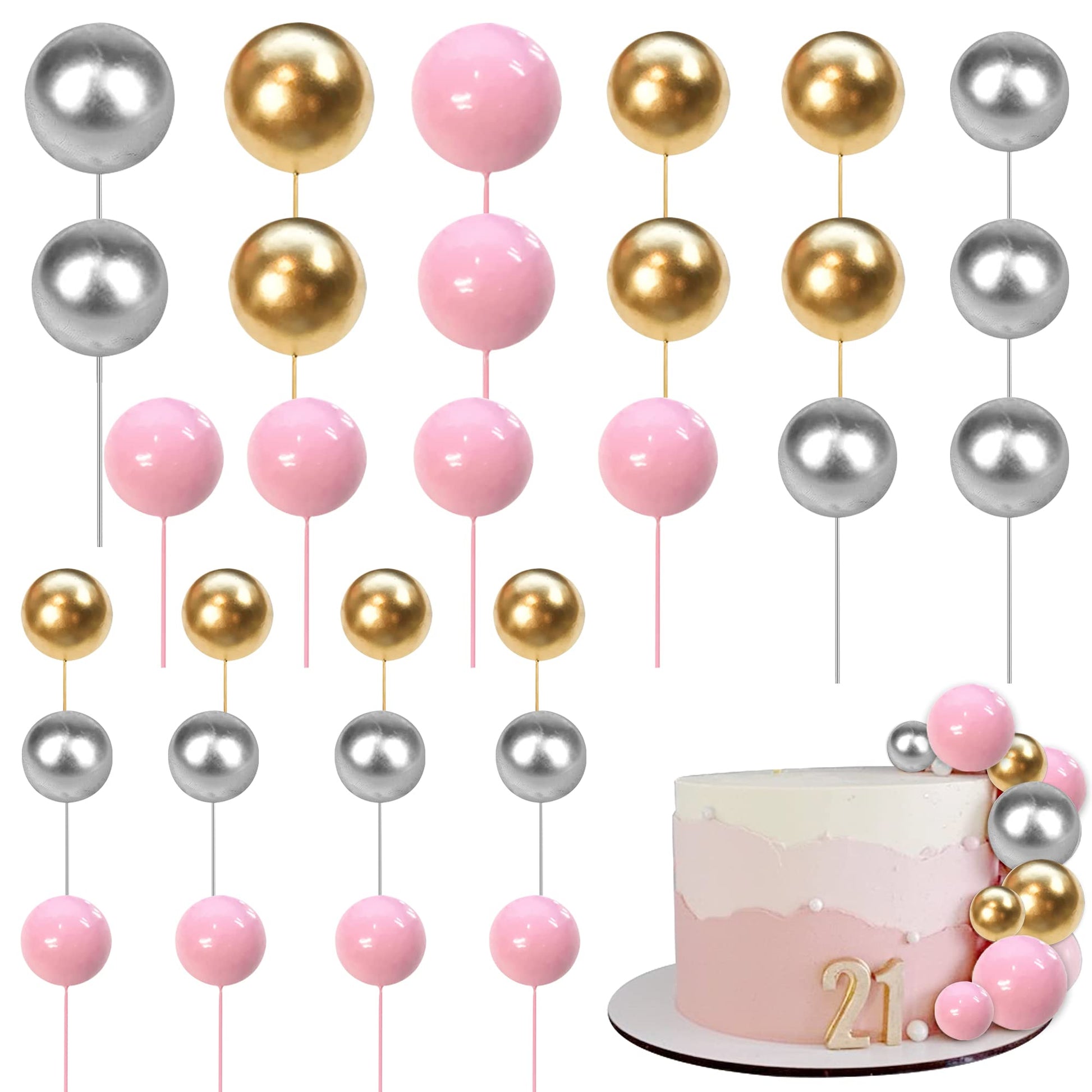 Rsstarxi Foam Ball Cake Topper Picks, 30 PCS Mini Balloon Decoration for Baby Shower, Wedding, Kids Birthday - Gold Silver Pink