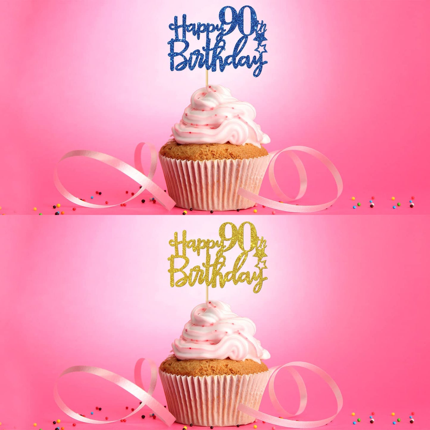 Roadsea Happy 90Th Birthday Cupcake Toppers - Women Men 90 Years Old Birthday Cupcake Supplies - 90Th Birthday Party Decorations