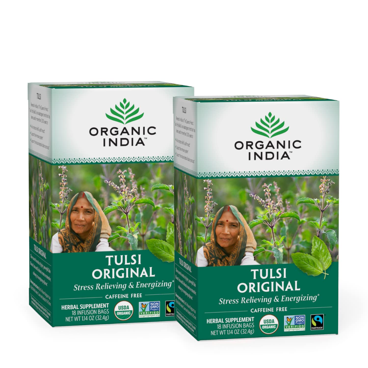 Organic India Tulsi Tea - Herbal Tea, Calming, Caffeine-Free, 18 Infusion Bags, 2 Pack